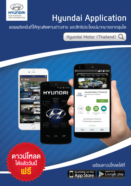 บริษัท ฮุนได มอเตอร์  (ไทยแลนด์) จำกัด  ยกระดับการให้บริการและการให้ข้อมูลอื่นๆเพื่ออำนวยความสะดวกแก่ลูกค้าด้วยแอพพลิเคชั่นใหม่บนมือถือ “Hyundai Motor Thailand”  ลูกค้าสามารถดาวน์โหลดได้กับโทรศัพท์มือถือ และแท็บเล็ตทั้งในระบบ IOS และ Android ได้ตั้งแต่วันนี้เป็นต้นไป  แอพพลิเคชั่น “Hyundai Motor Thailand” เป็นแอพพลิเคชั่นที่มอบอรรถประโยชน์ให้กับลูกค้าฮุนไดหรือลูกค้าที่สนใจจะเป็นเจ้าของรถยนต์ฮุนไดให้สามารถดูรายละเอียดข้อมูลรถยนต์ฮุนไดทุกรุ่น, ภาพรถยนต์เสมือนจริงแบบ 360 องศาทั้งภายในและภายนอก, ค้นหาข้อมูลและแผนที่นำทางไปยังโชว์รูมผู้แทนจำหน่ายรถยนต์ฮุนไดทั่วประเทศ, คำนวนค่างวดผ่อนชำระด้วยตัวเอง และคำนวนค่าใช้จ่ายเบื้องต้นในการนำรถยนต์เข้าตรวจเช็คระยะ  นอกจากนี้ยังสามารถเช็คข้อมูลข่าวสารและกิจกรรมด้านขายและบริการจากฮุนได พร้อมรับสิทธิประโยชน์ต่างๆผ่านทางแอพพลิเคชั่นนี้   พิเศษสำหรับลูกค้าฮุนไดจะได้รับบริการแจ้งเตือนการนำรถยนต์เข้ารับการตรวจเช็คระยะ และสามารถใช้บริการโทรด่วนไปยังศูนย์ช่วยเหลือฉุกเฉิน  24 ชั่วโมง เพื่อรับบริการช่วยเหลือเบื้องต้นกรณีเกิดเหตุฉุกเฉิน ณ จุดเกิดเหตุ อาทิ ฟรีบริการยกรถไปยังศูนย์ฮุนไดในระยะทาง 30 กม. ไม่จำกัดจำนวนครั้ง, ฟรีบริการช่วยเหลือเติมน้ำมัน กรณีรถน้ำมันหมดฉุกเฉินระหว่างทาง รวมถึงบริการให้คำปรึกษาและแนะนำเบื้องต้นเกี่ยวกับปัญหาต่างๆในกรณีรถเสียฉุกเฉินตลอด 24 ชั่วโมง  ลูกค้าที่สนใจสามารถพิมพ์ ”Hyundai Motor Thailand” หรือ “Hyundai TH” เพื่อดาวน์โหลดแอพพลิเคชั่นนี้ได้แล้ววันนี้
